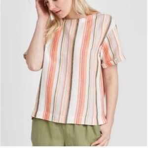 A New Day Stripe Short Sleeve Linen‎ Blend Top Size M Boho Beachy